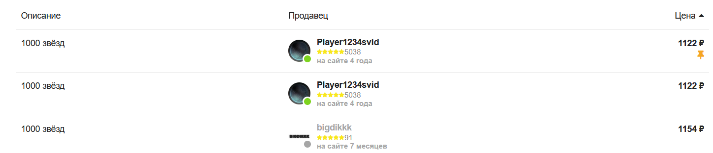 Покупка звёзд за рубли